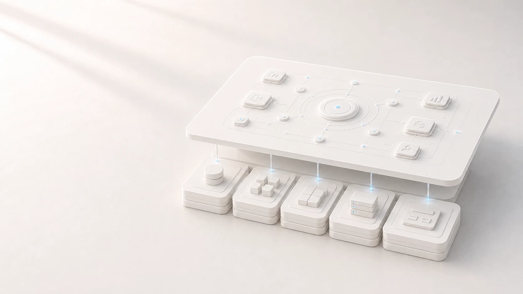 Plataforma branca opaca AI-HumanOS com esfera operacional e onda de dados subtil.
