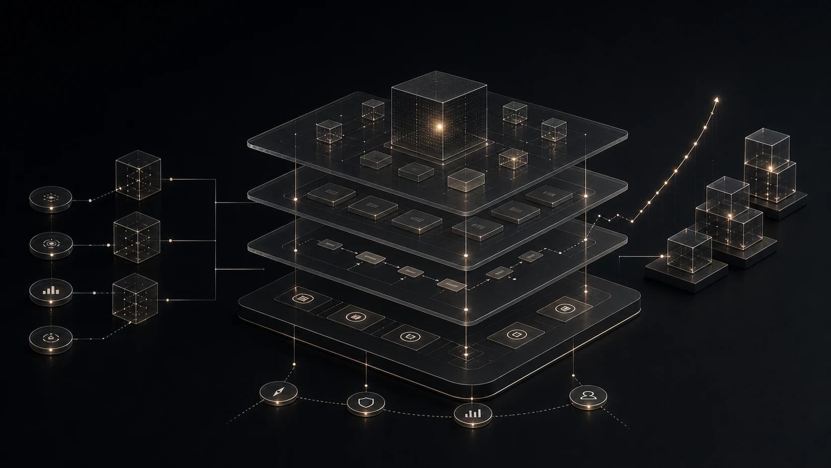 Cubos escuros translúcidos e rede de dados que representam construção de ventures escaláveis.